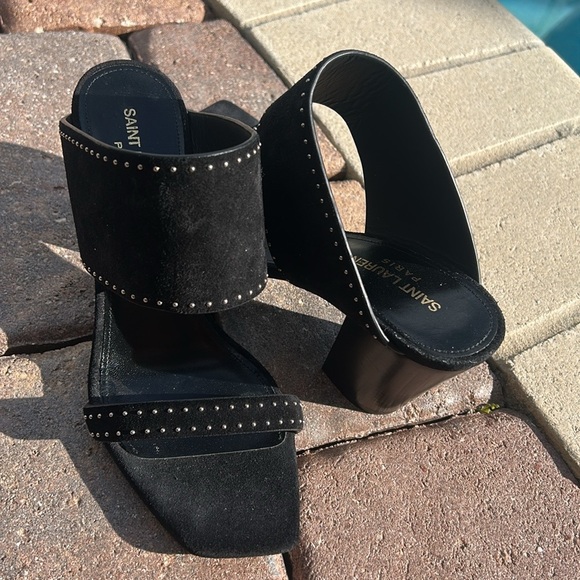 Saint Laurent Black Ladies Oak Mule Suede Studded Sandal Shoe Sz 37.5 NWOT NEW - Picture 15 of 16